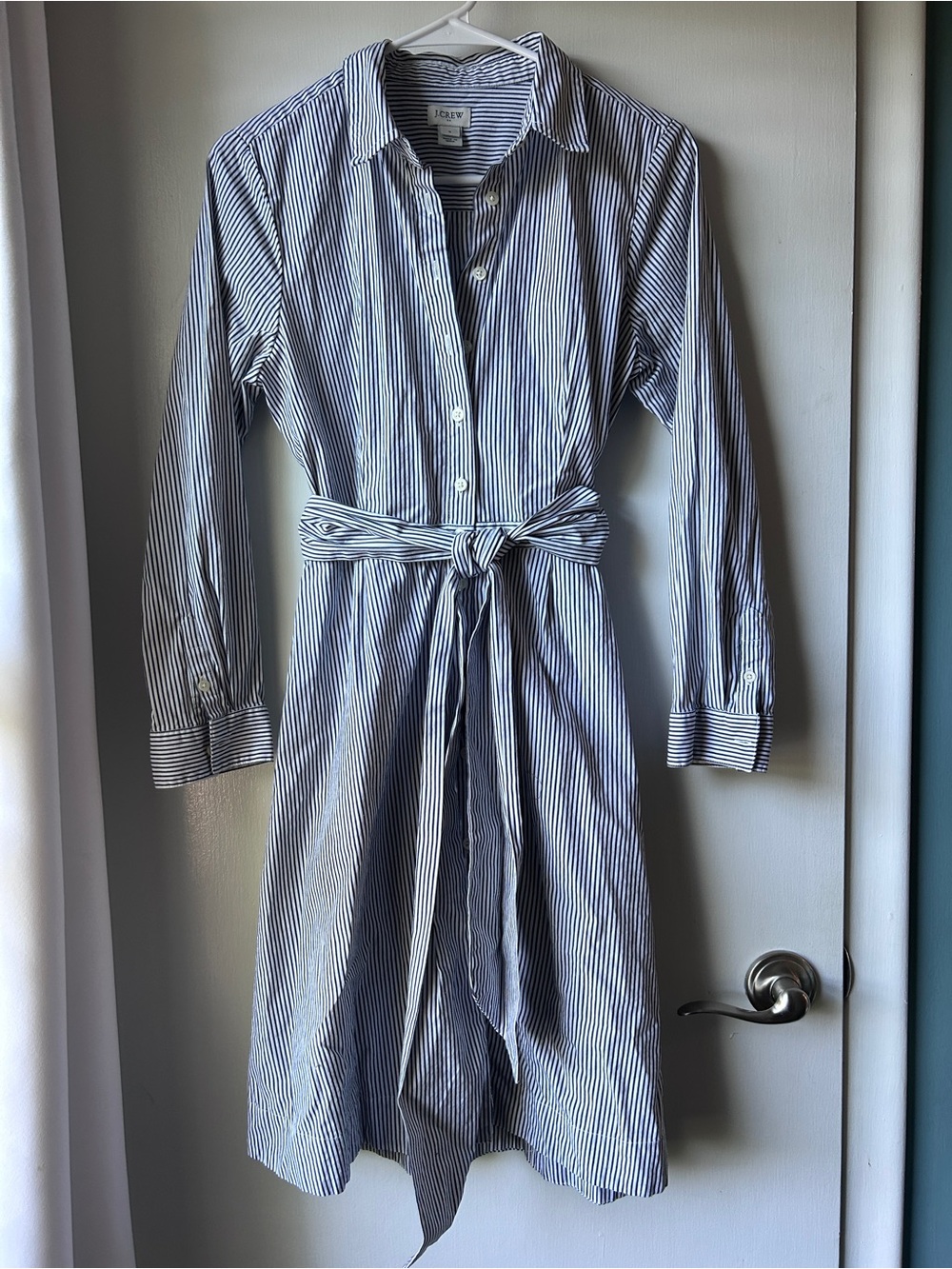 Ann Taylor Navy and White Striped Long-Sleeve Shirt Dress with Tie